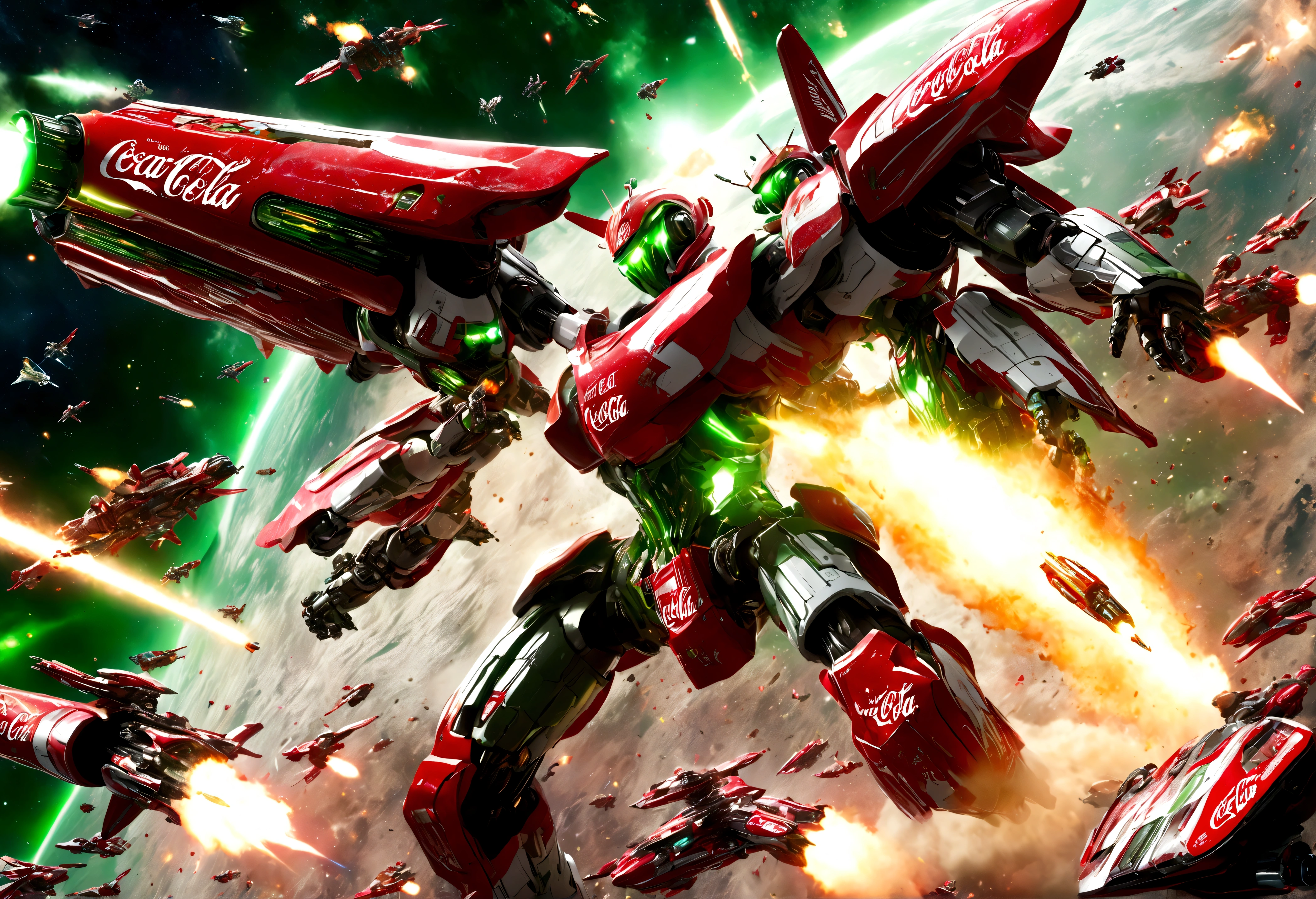 a highly detailed, epic space battle scene, a robotic Coca-Cola army with striking red and white colors battling against the robotic samurai warriors of the Mountain Dew clan with their iconic green and yellow color scheme, massive spaceships firing powerful laser beams, rocket thrusters, explosions, detailed futuristic technology, cinematic lighting, photorealistic, 8k, hyper detailed
