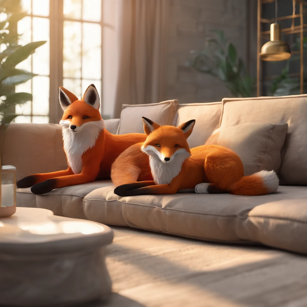A fox and a dog wich are best friends chilling on a couch
