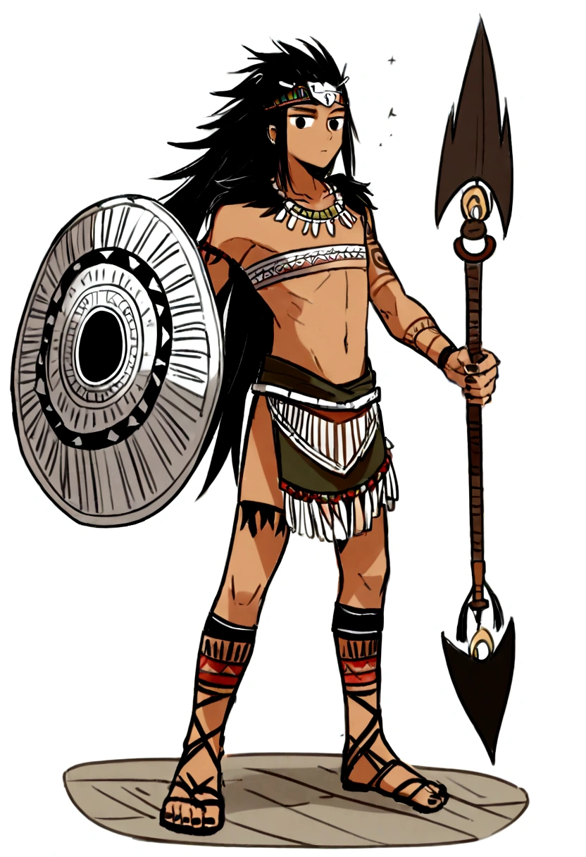 higrres 1 boy, joung boy, 15 years old, all lefth arm aztec tatto, bare soulders, full body, nails, black eyes, black hair, aztec weapon, long hair, looking at viewe, male focus, tattoo, aztec shield, aztec, tribal warrior, tribal armor, dark-skinned, mask, helmet, standing, war cry, exprexion, jaguar fur, hig resolution kunoichi tsubaki style, white background simple background,