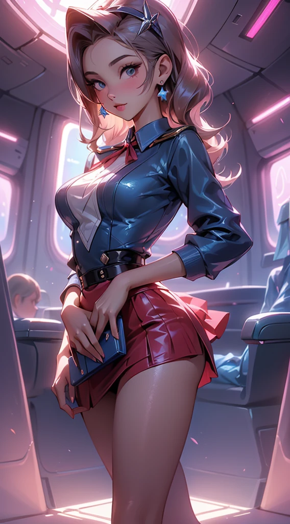 posterior view, Back picture,Ariana Grande stewardess wears short blue stewardess skirt, Flight attendant costumeoeing aircraft interior ) ((perfect female shape)),More detailed 8K.unreal-engine:1.4,hyper HD,Best quality:1.4, フォトリアリスティック:1.4, skin texture:1.4, tmasterpiece:1.8,tmasterpiece, Best quality at best,Object object], (detailedfacialfeatures:1.3),((the right proportions)),(Convex camel toe),(Beautiful eyes azulelue lingerie stewardess ),(Stewardess red skirt:1.4) ), (Stewardess:1.4),( Realistic lighting from the 1950s:1.4), Realistic background, Black fishnet jumpsuit,(beautiful russian stewardess:1.2), (Inside the aircraft:1.4),(Neon pink background )