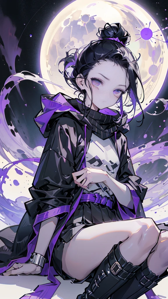 boy. thoughtful look. open forehead. black and purple hair tied in a bun on the left side to one side. sinuous black horns wrapped in dark purple ribbon. pale violet eyes. in short dark purple shorts. long white T-shirt. dark purple knee-high socks. dark purple long cloak with hood. view from the 100th floor of a cozy room in shades of gray, moon, starry sky