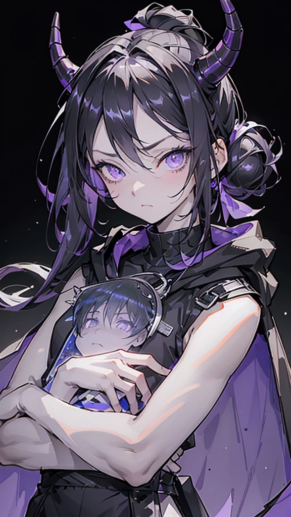 boy. thoughtful look. open forehead. black and purple hair tied in a bun on the left side to one side. sinuous black horns wrapped in dark purple ribbon. pale violet eyes. in short dark purple shorts. long white T-shirt. dark purple knee-high socks. dark purple long cloak with hood. view from the 100th floor of a cozy room in shades of gray, moon, starry sky