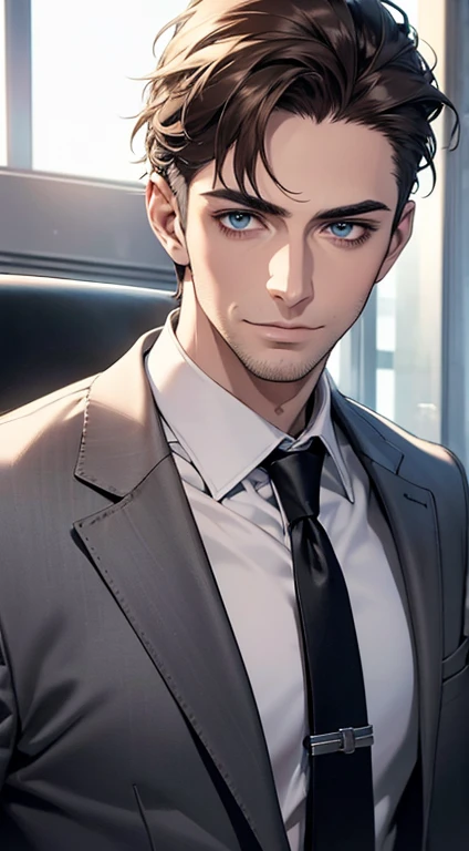 (best quality,4k,8k,highres,masterpiece:1.2),ultra-detailed,(realistic,photorealistic,photo-realistic:1.37),1 man,31 years old,mature man,very handsome,without expression,smile,short grey brown hair,blue eyes,penetrating gaze,perfect face without errors,imposing posture,businessman,office background,cinematic lighting,hdr image