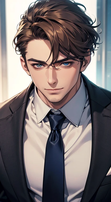 (best quality,4k,8k,highres,masterpiece:1.2),ultra-detailed,(realistic,photorealistic,photo-realistic:1.37),1 man,31 years old,mature man,very handsome,without expression,smile,short grey brown hair,blue eyes,penetrating gaze,perfect face without errors,imposing posture,businessman,office background,cinematic lighting,hdr image