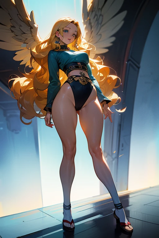 masterpiece:1.2, best quality, realistic, (real picture, intricate details, depth of field), ((woman, beautiful detailed face, longe wavy blonde hair, huge breasts, gorgeous aquamarine eyes, highly-detailed, perfect face, (skindentation), thick thighs, wide hips, small waist, tall body, big ass), blushing, )) anime, illustration, Japanese retro futurism, cyber, sci Fi, angel theme, future angel, full body, one piece style, anime,