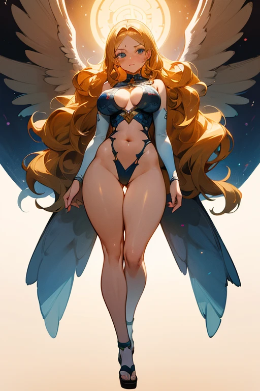 masterpiece:1.2, best quality, realistic, (real picture, intricate details, depth of field), ((woman, beautiful detailed face, longe wavy blonde hair, huge breasts, gorgeous aquamarine eyes, highly-detailed, perfect face, (skindentation), thick thighs, wide hips, small waist, tall body, big ass), blushing, )) anime, illustration, Japanese retro futurism, cyber, sci Fi, angel theme, future angel, full body, one piece style, anime,