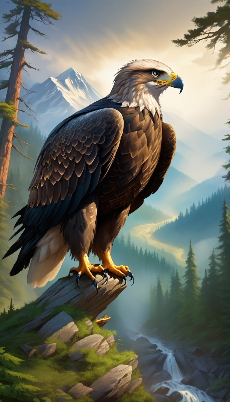 Mountains and forests，There is a kind of beast，Looks like a hawk，The eagle&#39;s claws are like a pair of human hands(best quality，4K，8K，High level，masterpiece：1.2），Ultra Detailed，（lifelike，Photo real，Photo real：1.37），Highly detailed animals，Realistic lighting，Fantasy Creatures