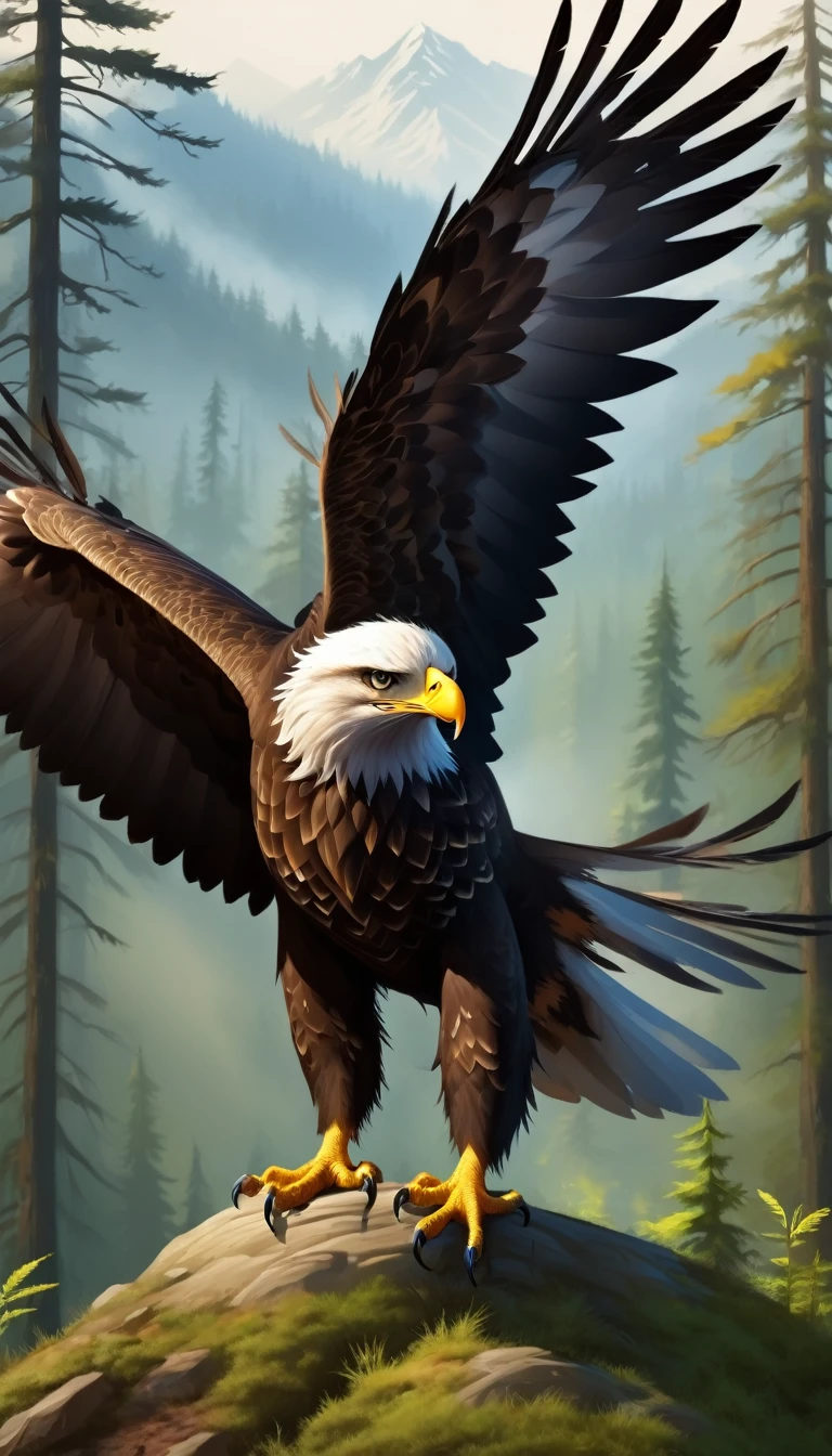 Mountains and forests,There is a kind of beast,Looks like a hawk,The eagle's claws are like a pair of human hands(best quality,4K,8K,High level,masterpiece:1.2),Ultra Detailed,(lifelike,Photo real,Photo real:1.37),Highly detailed animals,Realistic lighting,Fantasy Creatures