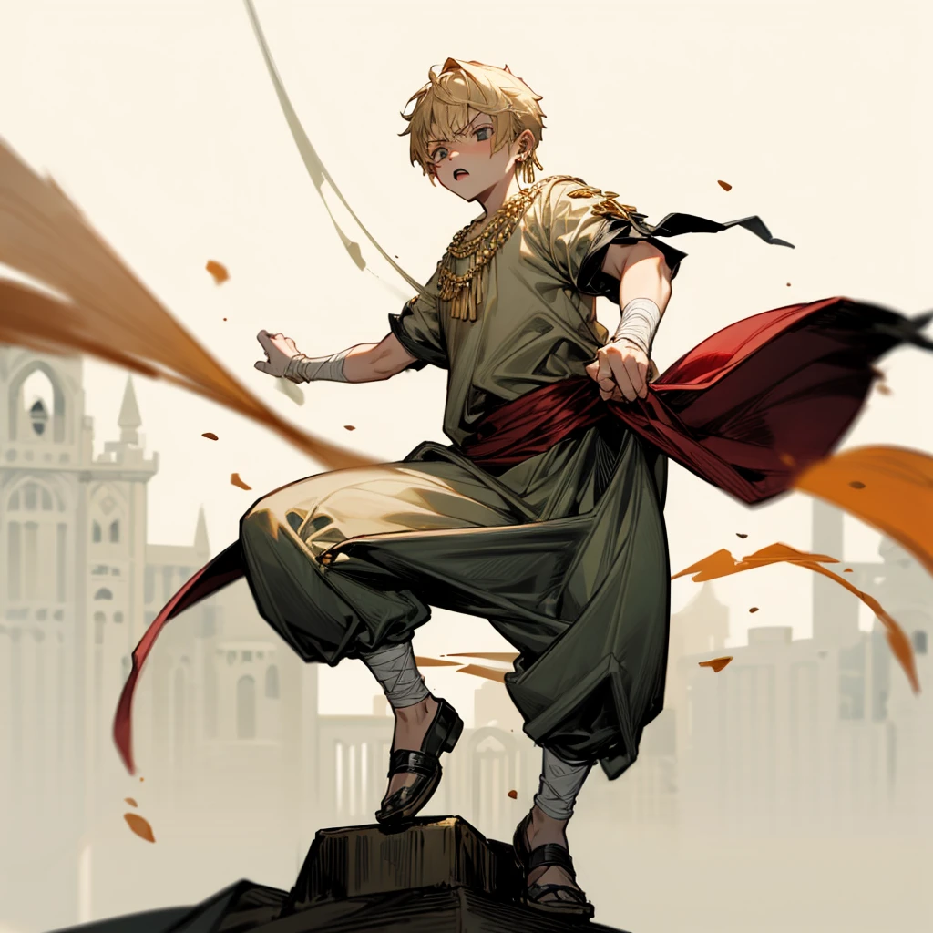 1little boy, Full body version, 1character, gray eyes color, angry eyes, eyeliner, reddish white skin, classic taper haircut, downturned eyes type, blonde colour hair, Ancient greek  nobility clothing style, darkgreen color clothing, necklaces, bandage on hand, Grassroots background in castle, motion blur 