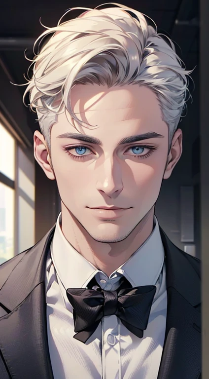 (best quality,4k,8k,highres,masterpiece:1.2),ultra-detailed,(realistic,photorealistic,photo-realistic:1.37),1 man,31 years old,mature man,very handsome,without expression,smile,short white hair,blue eyes,penetrating gaze,perfect face without errors,imposing posture,businessman,office background,cinematic lighting,hdr image
