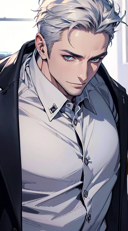 (best quality,4k,8k,highres,masterpiece:1.2),ultra-detailed,(realistic,photorealistic,photo-realistic:1.37),1 man,31 years old,mature man,very handsome,without expression,smile,short white hair,blue eyes,penetrating gaze,perfect face without errors,imposing posture,businessman,office background,cinematic lighting,hdr image