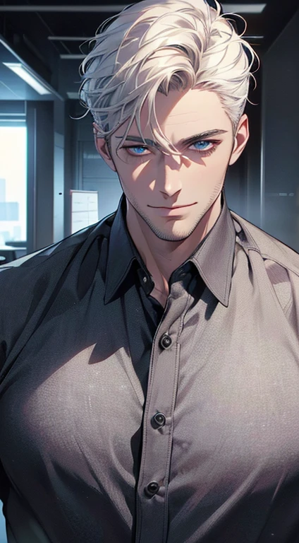 (best quality,4k,8k,highres,masterpiece:1.2),ultra-detailed,(realistic,photorealistic,photo-realistic:1.37),1 man,31 years old,mature man,very handsome,without expression,smile,short white hair,blue eyes,penetrating gaze,perfect face without errors,imposing posture,businessman,office background,cinematic lighting,hdr image