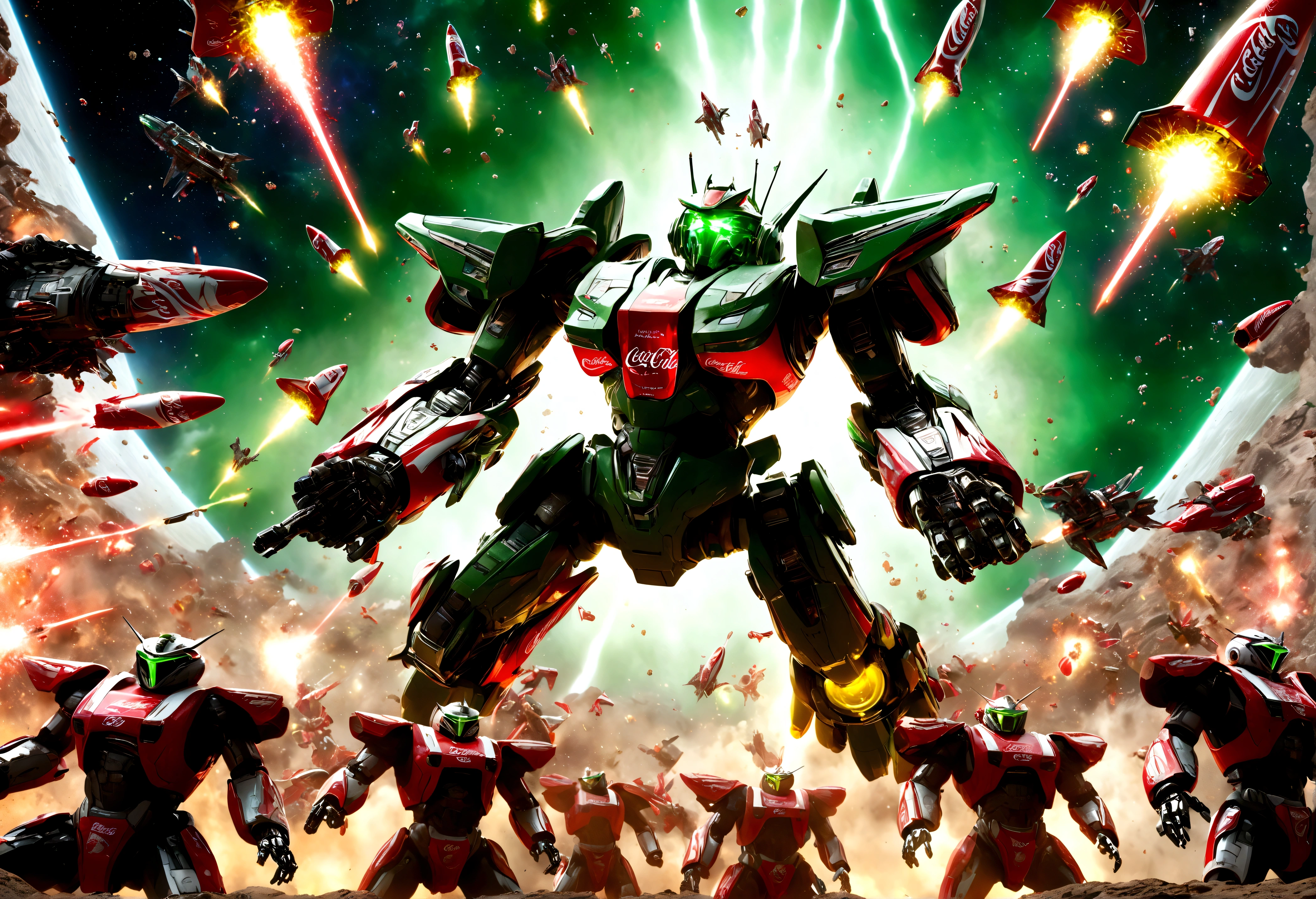 a highly detailed, epic space battle scene, a robotic Coca-Cola army with striking red and white colors battling against the robotic samurai warriors of the Mountain Dew clan with their iconic green and yellow color scheme, massive spaceships firing powerful laser beams, rocket thrusters, explosions, detailed futuristic technology, cinematic lighting, photorealistic, 8k, hyper detailed

