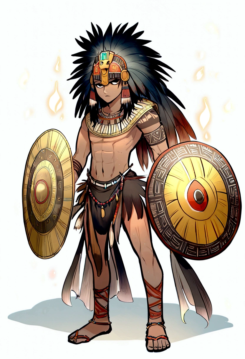 higrres 1 boy, joung boy, , all lefth arm aztec tatto, bare soulders, full body,  nails, black eyes, black hair, aztec weapon, long hair, looking at viewe, male focus, tattoo, aztec shield, aztec, tribal warrior, tribal armor, dark-skinned, mask, helmet,  standing, war cry, exprexion, jaguar fur, hig resolution kunoichi tsubaki style, white background simple background, 
