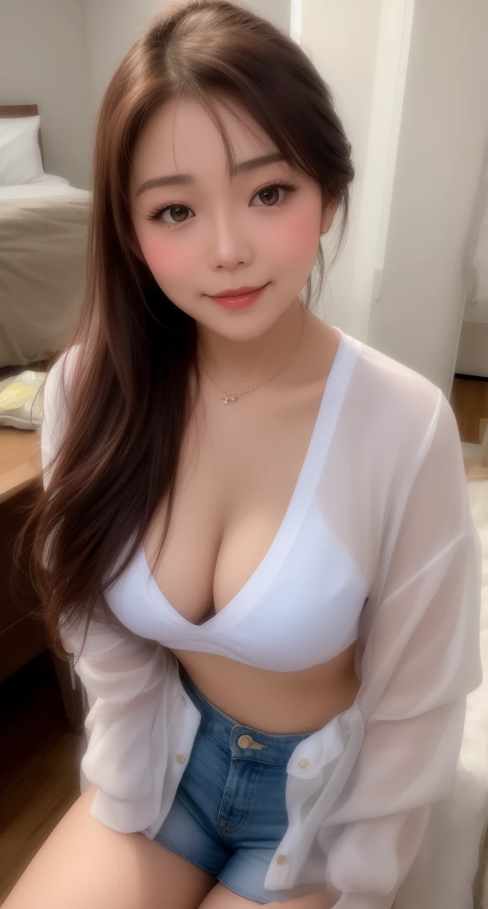 Filipina woman, Intimate, face blush, red blushy cheeks, ponytail, feeling excited, beautiful thighs, in love, wearing summer mini shorts