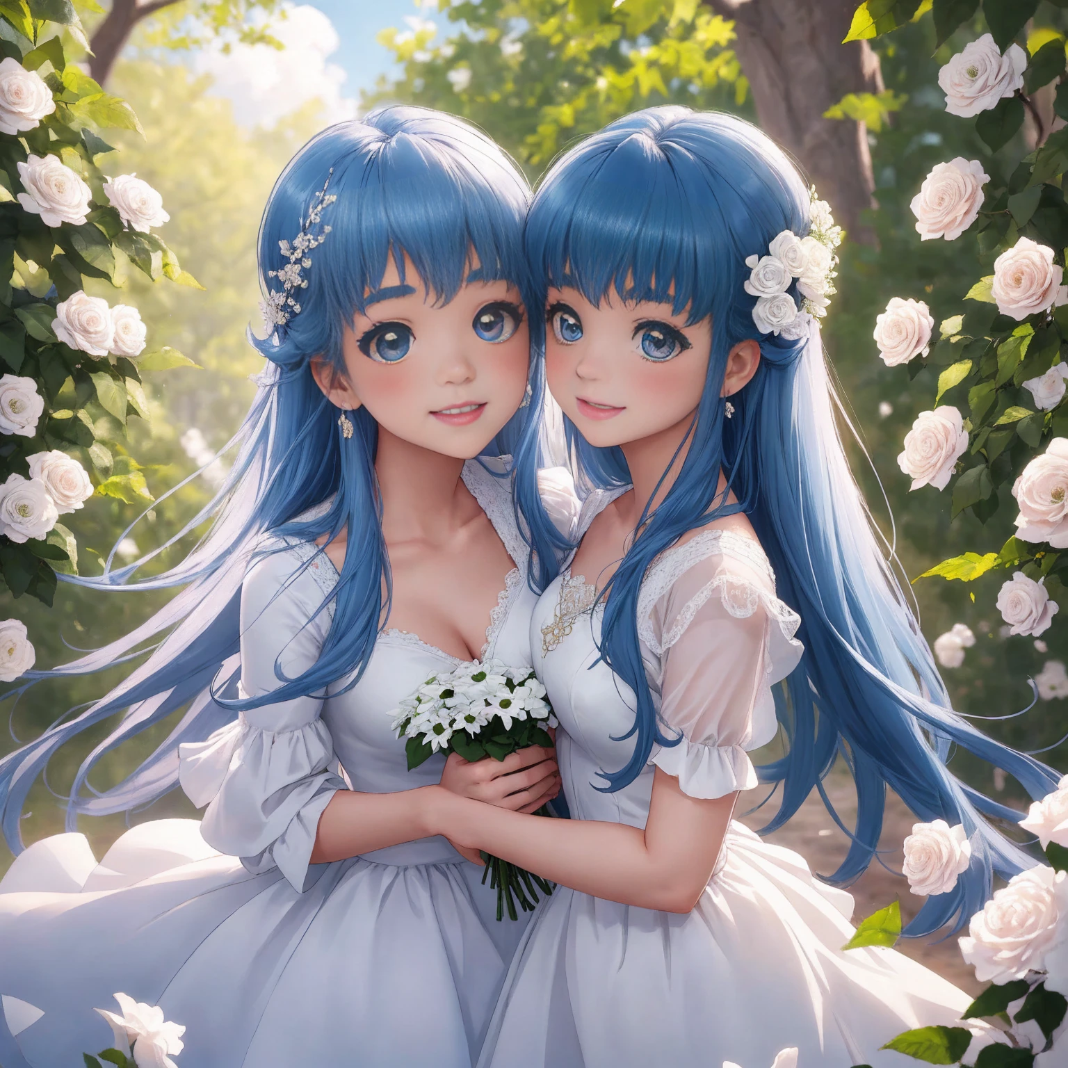 best quality,4k,8k,highres,masterpiece:1.2,ultra-detailed,realistic:1.37,portrait,beautiful mother and daughter in an Italian garden,medium:oils,classic Italian style,soft and warm colors,gentle lighting,delicate brush strokes,artistic masterpiece,pastel-hued flowers,bright blue sky and fluffy white clouds,fine details on their dresses,mother wearing an elegant white gown,daughter in a white dress with delicate lace,sparkling tiaras on their heads,smiling and joyful expressions,daughter holding a bouquet of white roses,embrace of love and innocence,subtle sunlight filtering through the trees,whisper of a gentle breeze,tranquil and peaceful atmosphere,mother's loving gaze,daughter's eyes full of excitement and joy,overall scene exudes purity and serenity.