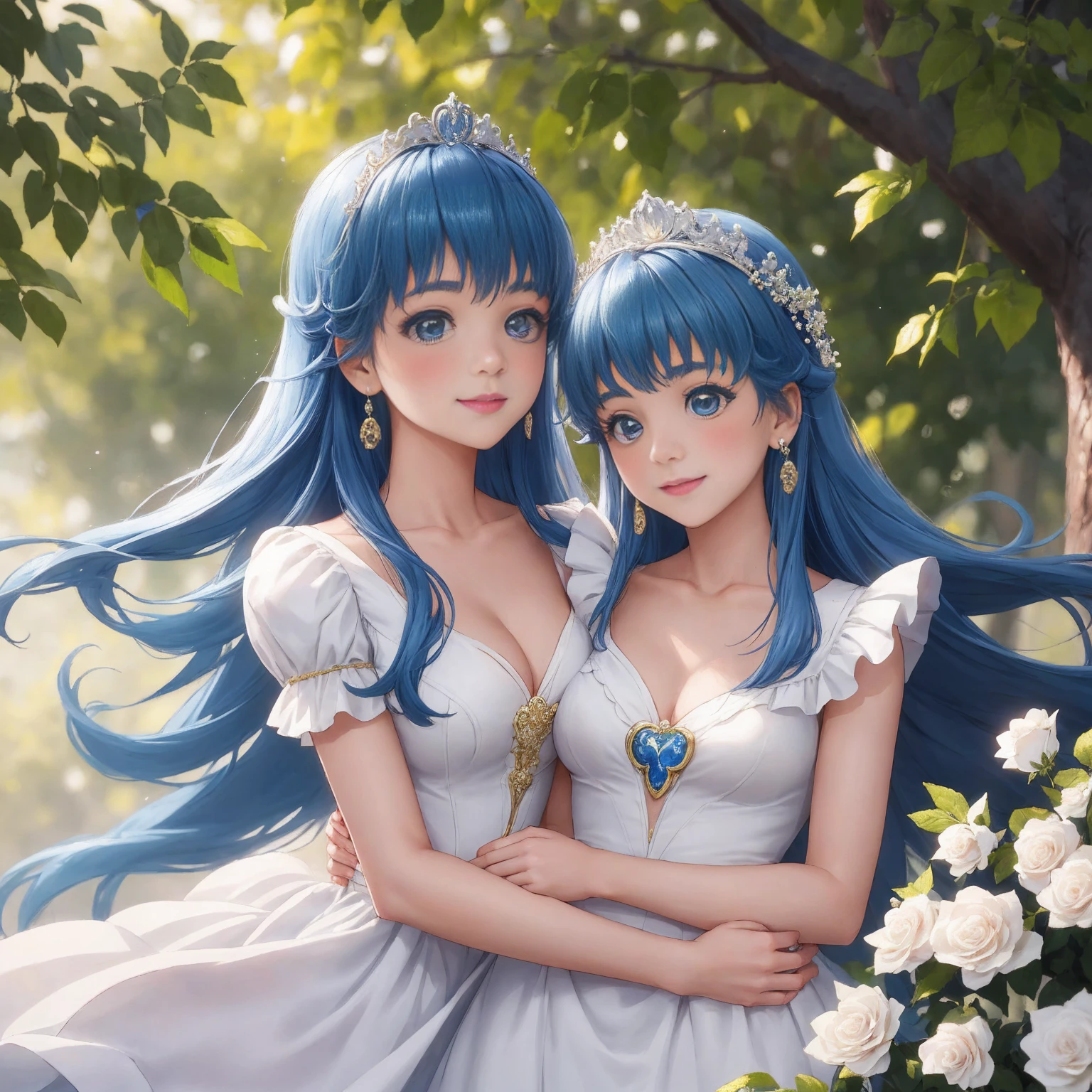 best quality,4k,8k,highres,masterpiece:1.2,ultra-detailed,realistic:1.37,portrait,beautiful mother and daughter in an Italian garden,medium:oils,classic Italian style,soft and warm colors,gentle lighting,delicate brush strokes,artistic masterpiece,pastel-hued flowers,bright blue sky and fluffy white clouds,fine details on their dresses,mother wearing an elegant white gown,daughter in a white dress with delicate lace,sparkling tiaras on their heads,smiling and joyful expressions,daughter holding a bouquet of white roses,embrace of love and innocence,subtle sunlight filtering through the trees,whisper of a gentle breeze,tranquil and peaceful atmosphere,mother's loving gaze,daughter's eyes full of excitement and joy,overall scene exudes purity and serenity.