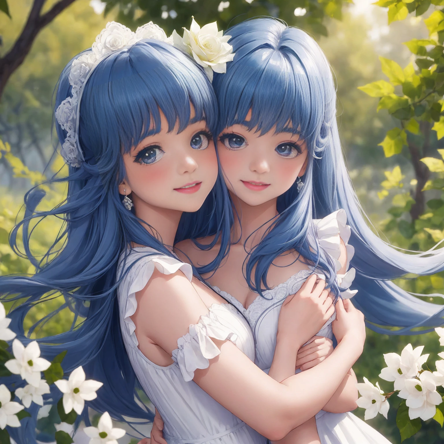 best quality,4k,8k,highres,masterpiece:1.2,ultra-detailed,realistic:1.37,portrait,beautiful mother and daughter in an Italian garden,medium:oils,classic Italian style,soft and warm colors,gentle lighting,delicate brush strokes,artistic masterpiece,pastel-hued flowers,bright blue sky and fluffy white clouds,fine details on their dresses,mother wearing an elegant white gown,daughter in a white dress with delicate lace,sparkling tiaras on their heads,smiling and joyful expressions,daughter holding a bouquet of white roses,embrace of love and innocence,subtle sunlight filtering through the trees,whisper of a gentle breeze,tranquil and peaceful atmosphere,mother's loving gaze,daughter's eyes full of excitement and joy,overall scene exudes purity and serenity.