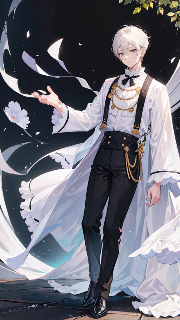 Full Body,Very detailed, ((One young man:1.5)), Perfect Face, Beautiful Face, Very detailed顔,(Black-haired young man:1.3),(White-haired young man:1.3),Frilled shirt,smile,flower