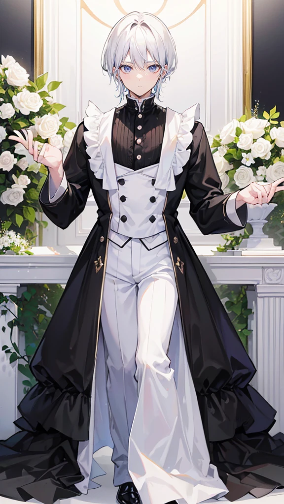 Full Body,Very detailed, ((One young man:1.5)), Perfect Face, Beautiful Face, Very detailed顔,(Black-haired young man:1.3),(White-haired young man:1.3),Frilled shirt,smile,flower