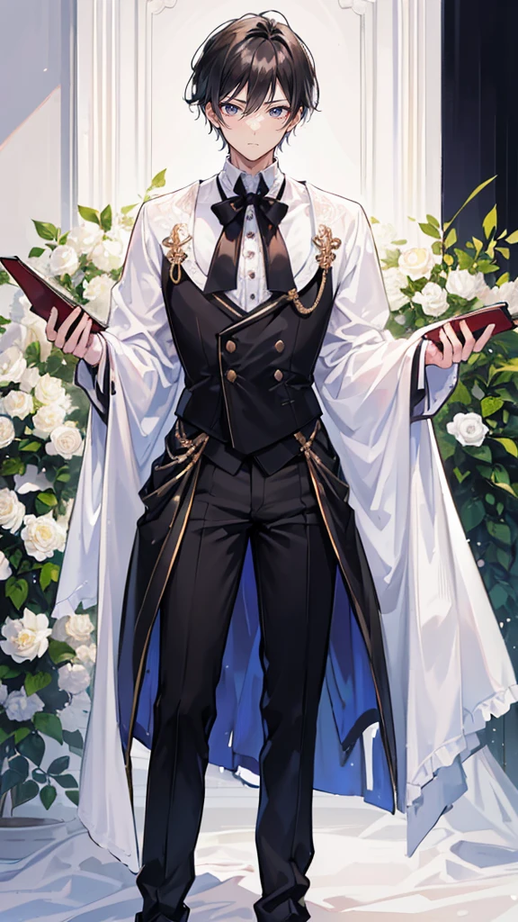 Full Body,Very detailed, ((One young man:1.5)), Perfect Face, Beautiful Face, Very detailed顔,(Black-haired young man:1.3),(White-haired young man:1.3),Frilled shirt,smile,flower