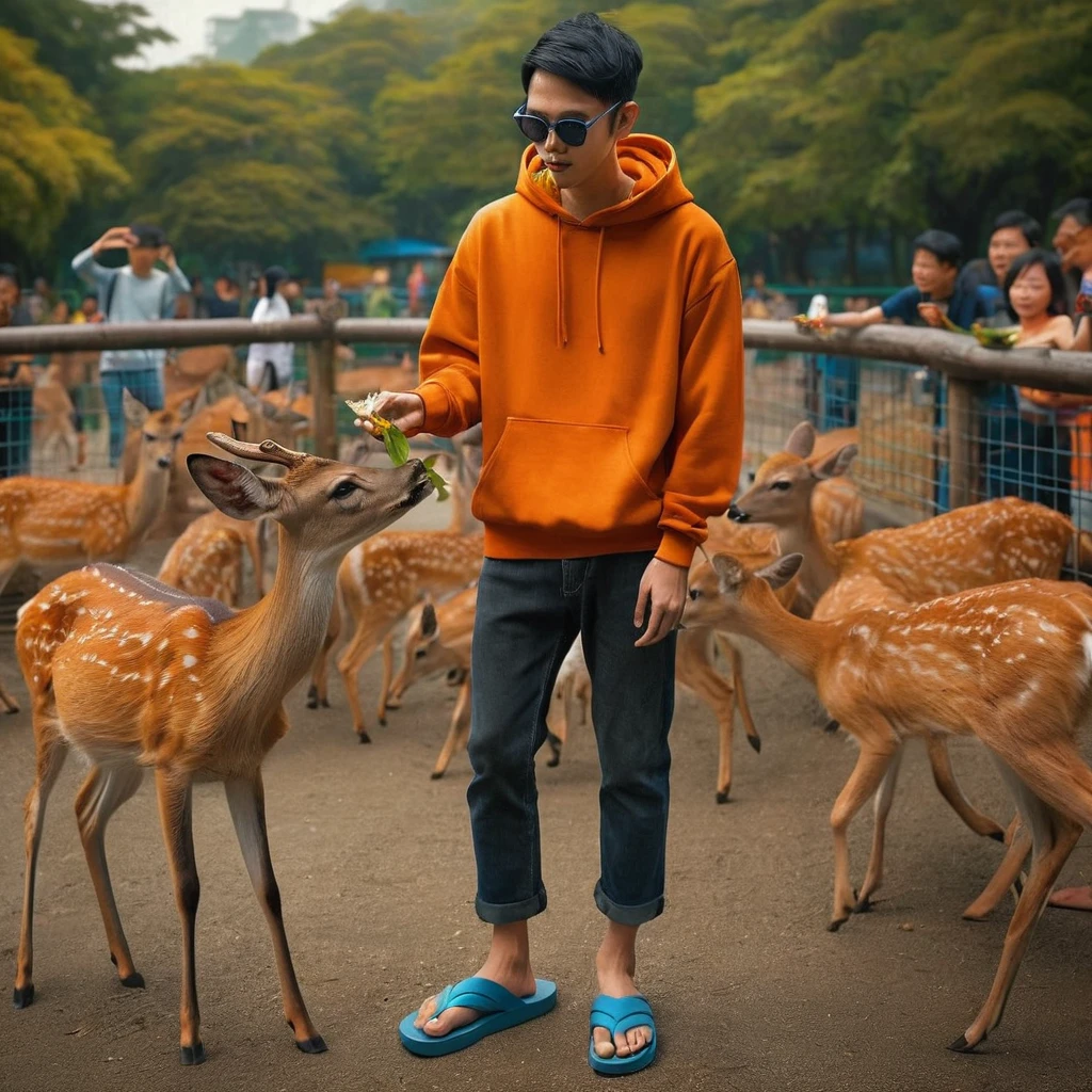 Realistic photo, looks like a 27 year old Indonesian man, thin body, very short hair, wearing an orange hoodie, wearing sunglasses, wearing long black jeans, wearing blue flip-flops,It looks like he is feeding the deer with a leaf , looks different. various kinds of animals, you can see people walking around, like during the day at the zoo 