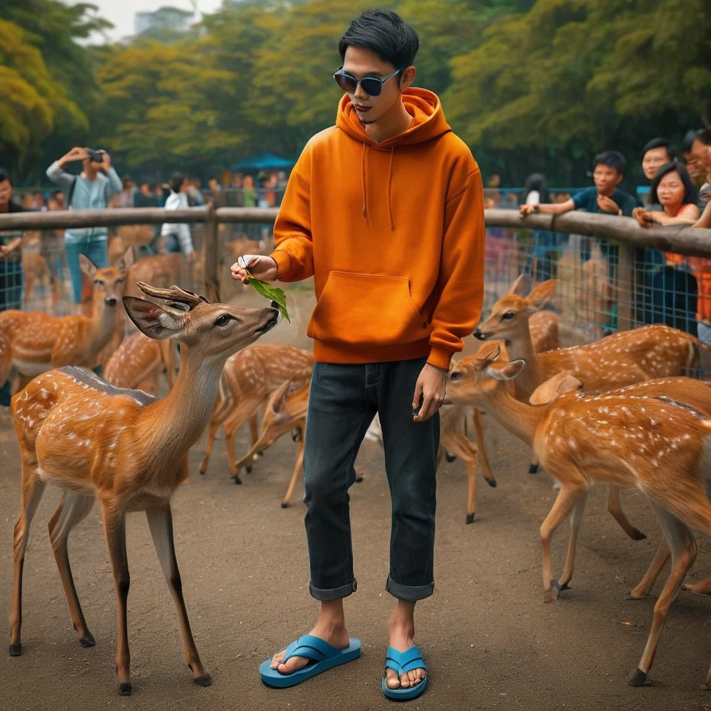 Realistic photo, looks like a 27 year old Indonesian man, thin body, very short hair, wearing an orange hoodie, wearing sunglasses, wearing long black jeans, wearing blue flip-flops,It looks like he is feeding the deer with a leaf , looks different. various kinds of animals, you can see people walking around, like during the day at the zoo 