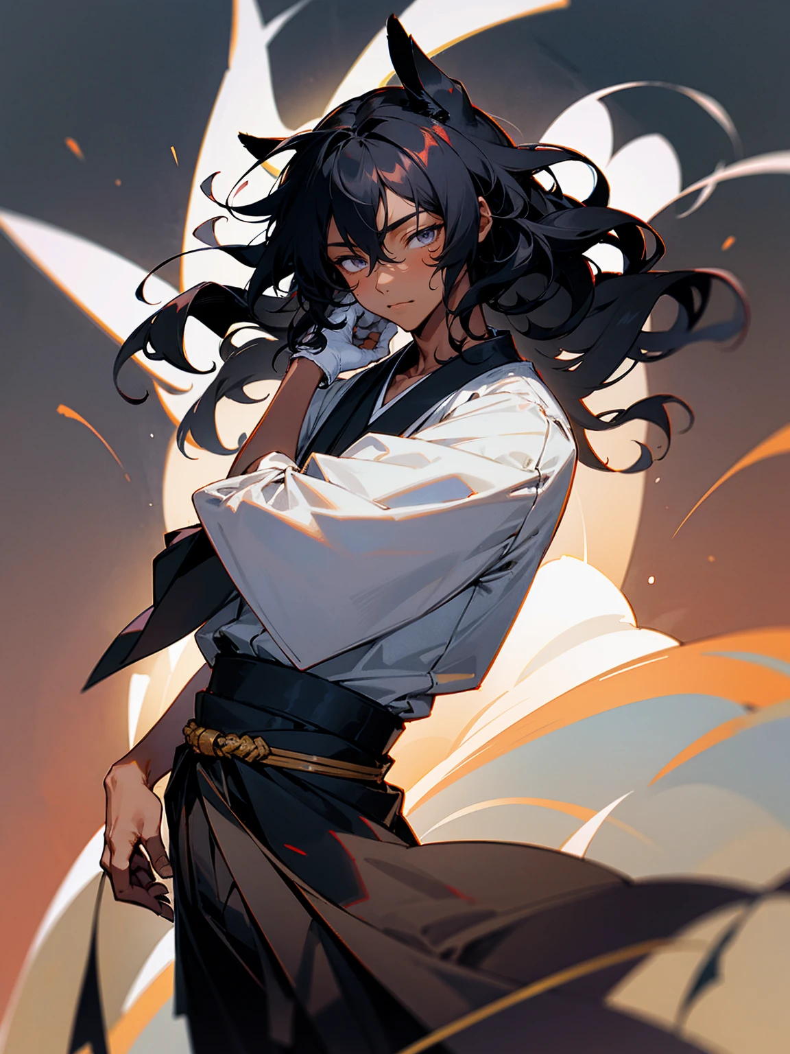 1male, young, dark skin, black hair, wavy middle parted hair, rabbit ears, grey eyes, lean build, black yukata, tied to waist, japanese mask