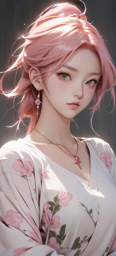 Japanese cartoons girl with pink hair and green eyes staring at something, Sakura Haruno, Japanese cartoons style”, wearing a chain, Golden Eye Circle, Ikuto Yamashita, Fine details. Japanese cartoons. From "Final Fantasy 13", 戴Necklace, as an Japanese cartoons character, Necklace