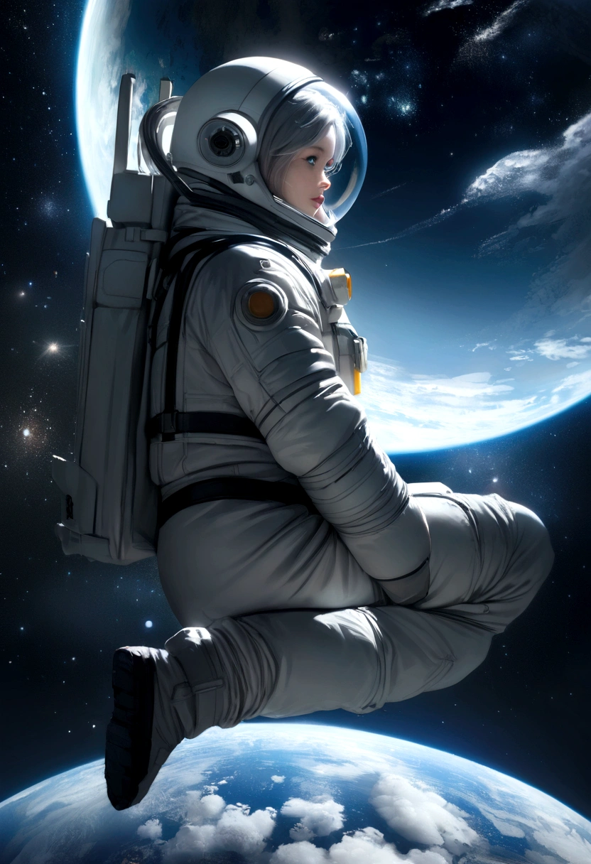 picture、(Photorealistic:1.4)、(Surreal:1.4)、(Cinematic:1.5)、20-year-old women、White women、(Beautiful and delicate face)、(High quality eyes)、Fashion Photography、Spacesuit、Helmet、Space Station、Dark blue tones、Earth、Looking into the distance、Helmetに映る星空