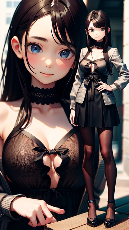 masterpiece, Highest quality, One Girl, View your audience, Narrow waist, RAWphotograph、Accurate fingertips、 Ultra-realistic, High resolution, photograph, Sharp focus, Most detailed, Very detailed, Very detailedな, In detail, Very detailed目と顔,Very detailed手と指、Idol、Thighs, beautiful girl,View your audience, Narrow waist,Symmetrical face, whole body、trench coat、Knitted Products、Long sleeve、Flared mini skirt、pantyhose、Winter clothing、Large Breasts、Beautiful clavicle、Long Hair、Shyness、Happy expression、High heels
