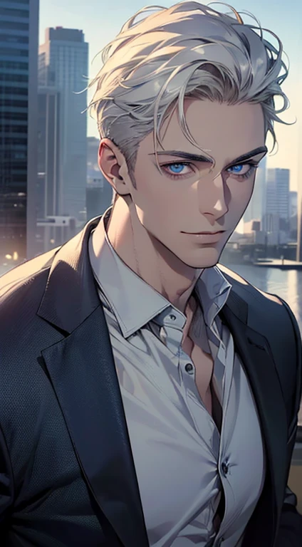 (best quality,4k,8k,highres,masterpiece:1.2),ultra-detailed,(realistic,photorealistic,photo-realistic:1.37),1 man,31 years old,mature man,very handsome,without expression,smile,short white hair,blue eyes,penetrating gaze,perfect face without errors,imposing posture,businessman,office background,cinematic lighting,hdr image
