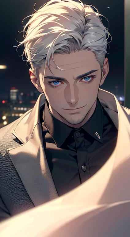 (best quality,4k,8k,highres,masterpiece:1.2),ultra-detailed,(realistic,photorealistic,photo-realistic:1.37),1 man,31 years old,mature man,very handsome,without expression,smile,short white hair,blue eyes,penetrating gaze,perfect face without errors,imposing posture,businessman,office background,cinematic lighting,hdr image