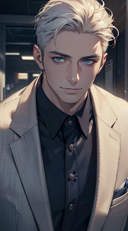 (best quality,4k,8k,highres,masterpiece:1.2),ultra-detailed,(realistic,photorealistic,photo-realistic:1.37),1 man,31 years old,mature man,very handsome,without expression,smile,short white hair,blue eyes,penetrating gaze,perfect face without errors,imposing posture,businessman,office background,cinematic lighting,hdr image