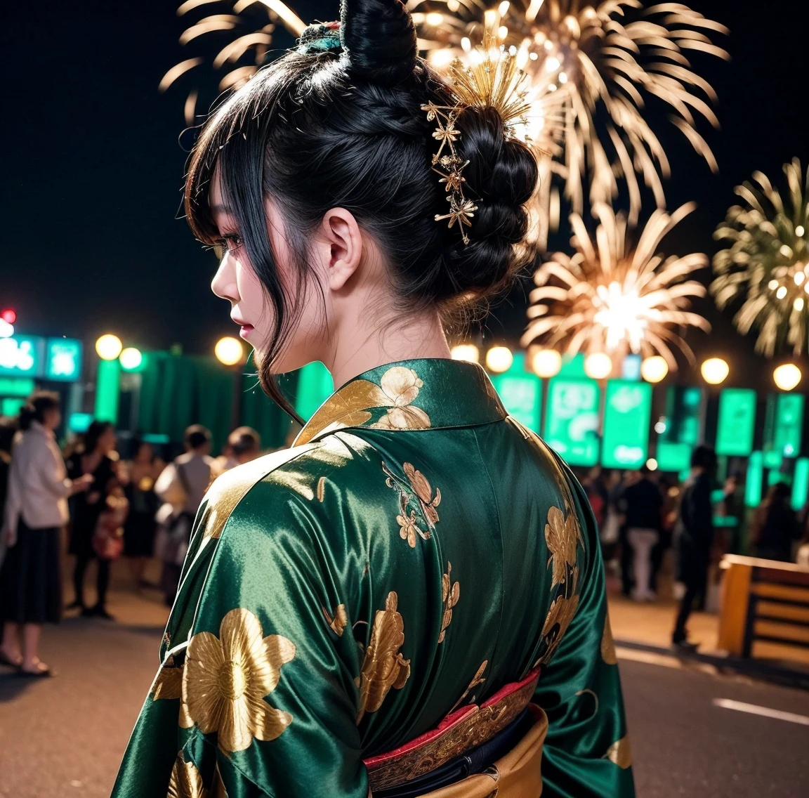 1 person、Green gorgeous kimono、,race,Black Hair、Short bun hair、hair ornaments、necklace、back、Golden devil horns、Anatomically correct,Fireworks in the night sky、