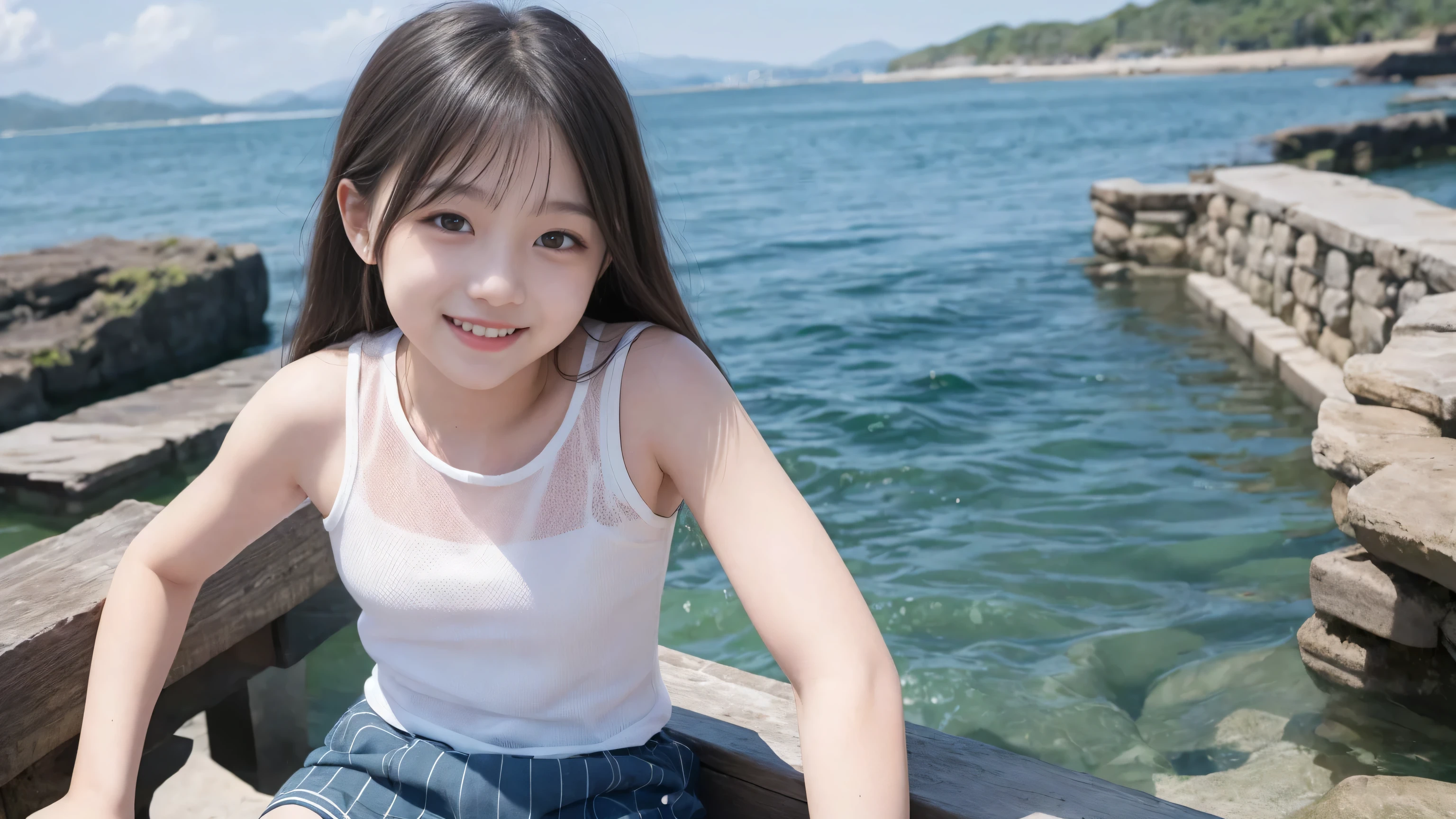  Highest quality, 8K, 11 years old、Fluffy long hair、Tank top、mini skirt、smile、sea、Nipples、