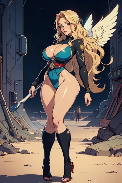 masterpiece:1.2, best quality, realistic, (real picture, intricate details, depth of field), ((woman, beautiful detailed face, longe wavy blonde hair, huge breasts, gorgeous aquamarine eyes, highly-detailed, perfect face, (skindentation), thick thighs, wide hips, small waist, tall body, big ass), blushing, )) anime, illustration, Japanese retro futurism, cyber, sci Fi, angel theme, future angel, full body, one piece style, anime, retro futurism,