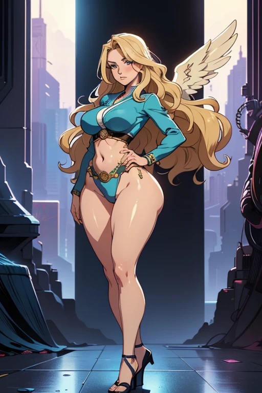 masterpiece:1.2, best quality, realistic, (real picture, intricate details, depth of field), ((woman, beautiful detailed face, longe wavy blonde hair, huge breasts, gorgeous aquamarine eyes, highly-detailed, perfect face, (skindentation), thick thighs, wide hips, small waist, tall body, big ass), blushing, )) anime, illustration, Japanese retro futurism, cyber, sci Fi, angel theme, future angel, full body, one piece style, anime, retro futurism,