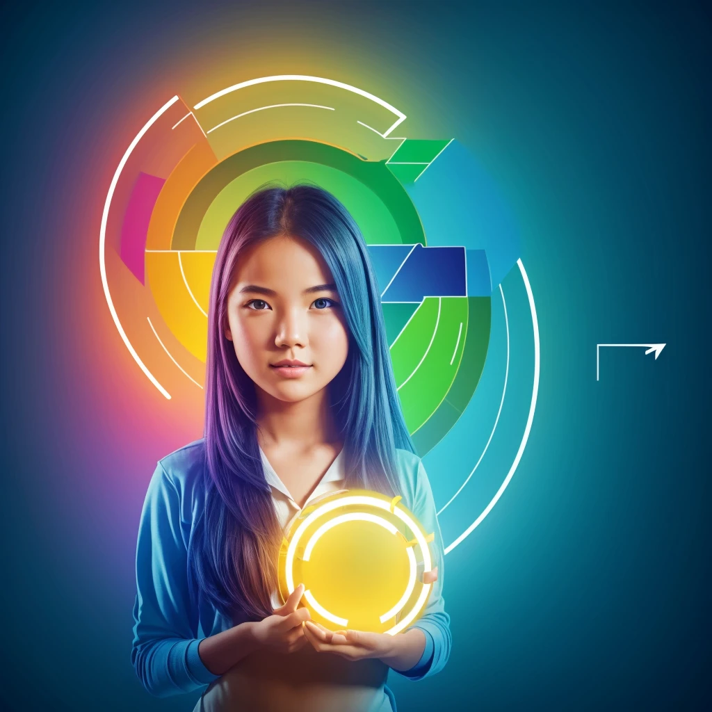 1girl,colorful modern minimalist logo design,educational icons such as open book with light bulb above,interactive elements like arrows and circles around icons,vibrant colors blue,green,yellow,shield or circular frame base,detailed,hyper realistic,cinematic lighting,4k,8k,photorealistic,award winning