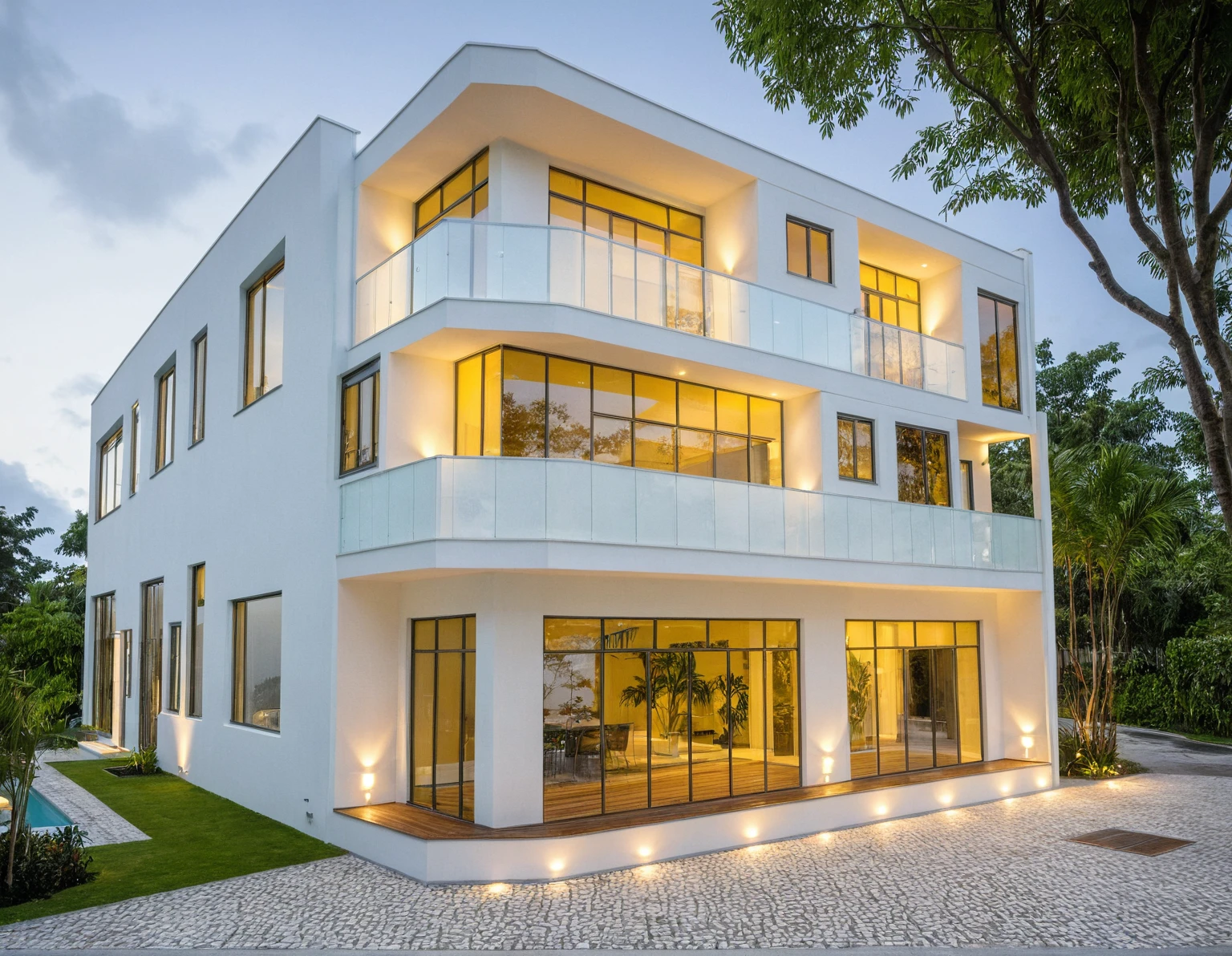 modern villa on street, (daylight), tropical tree, vivid colour, streetcapes, white tone, white wall, large glass door, warm interior lighting, wood and marble, best quality, 17ArchiAI_XL_VL-v1
