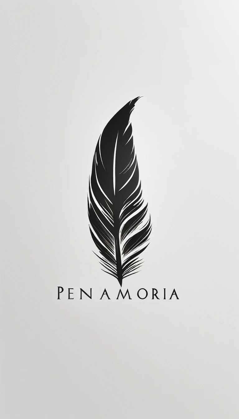 A minimal, modern, simple, cinematic logo design for the brand “Penamemoria". Create a modern, minimalistic, high-quality, logo of a bird feather