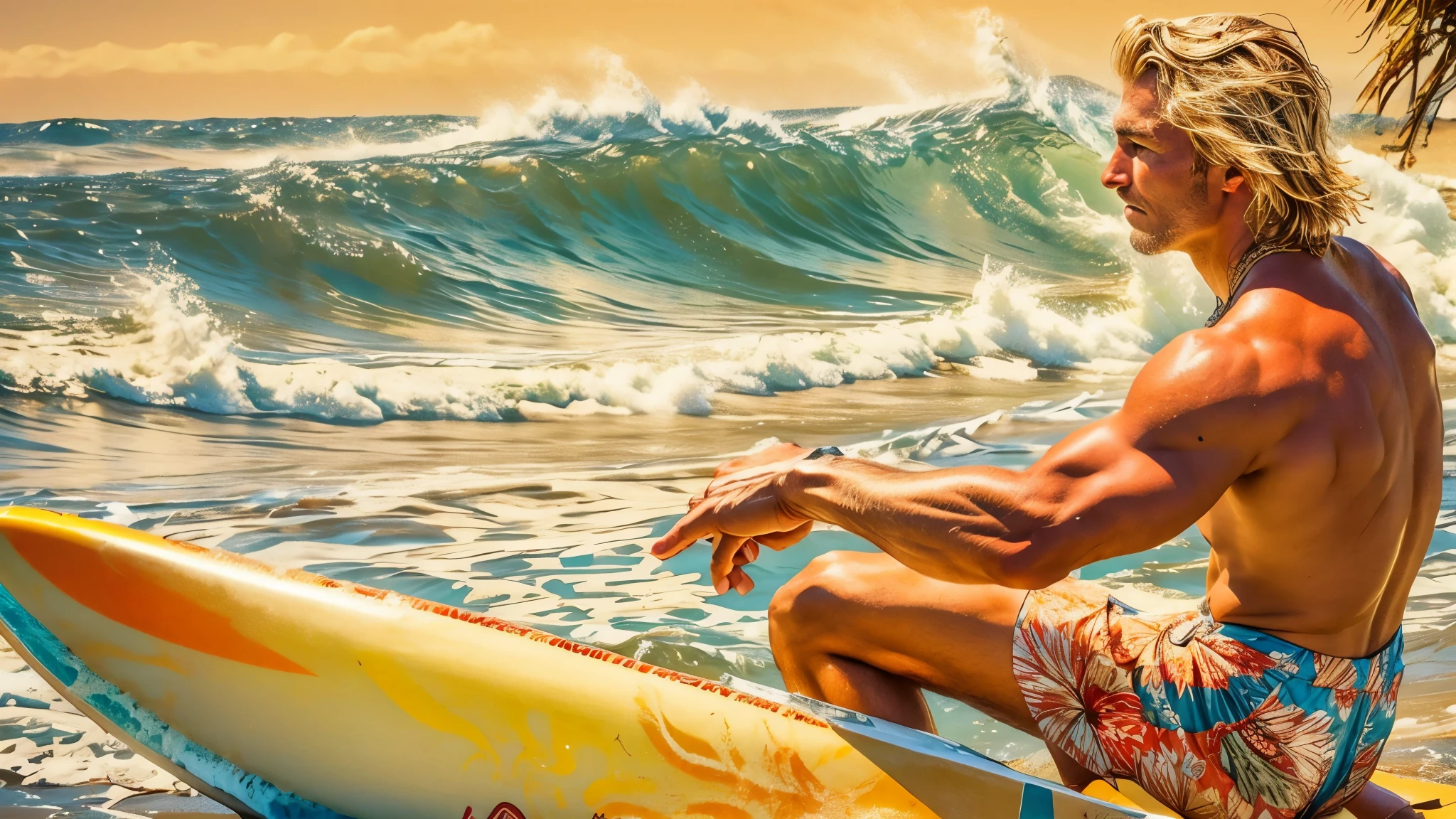 Blonde fit man on beach with surfboard, detailed surfboard, longboard, waves, sunshine, 50s surf scene, surf competition, Hawaiian surf scene, the beach boys Era,