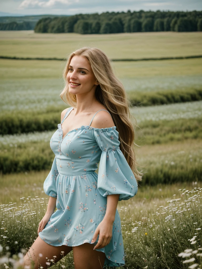 solo, photorealistic, wide shot, best quality, hyper detailed, 25 years old Circasssian woman, mature-looking face, boobies, high detailed deep wrinkles, beauty mark, intricate, (((long wavy blonde hair))), Circassian facial features, (((In the midst of a vast meadow, she stood seductively, her gaze fixed on the distant figure descending gracefully from the sky. The expanse around her was a sea of wildflowers, their vibrant colors swaying gently in the breeze. The sky above was a clear canvas of blue, interrupted only by wisps of fluffy clouds. As she watched, the skydiver descended with practiced ease, a tiny speck against the boundless heavens. The rush of wind carried the faint sound of their descent, punctuating the serene quiet of the meadow. Her heart swelled with admiration for the courage and freedom encapsulated in that solitary figure))), (((she is wearing a color pastel blue floral print asymmetrical trim puff sleeve mini dress))), (((dynamic pose))), she is looking at the camera smiling, (((dynamic pose)))