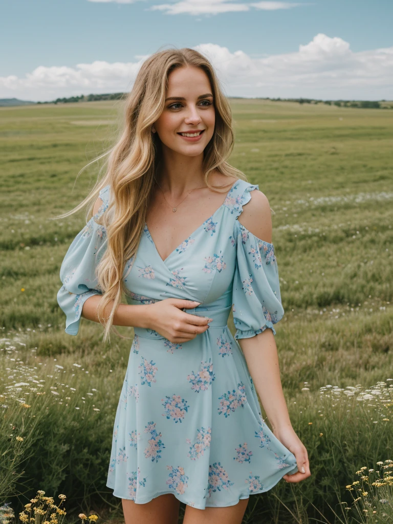 solo, photorealistic, wide shot, best quality, hyper detailed, 25 years old Circasssian woman, mature-looking face, boobies, high detailed deep wrinkles, beauty mark, intricate, (((long wavy blonde hair))), Circassian facial features, (((In the midst of a vast meadow, she stood seductively, her gaze fixed on the distant figure descending gracefully from the sky. The expanse around her was a sea of wildflowers, their vibrant colors swaying gently in the breeze. The sky above was a clear canvas of blue, interrupted only by wisps of fluffy clouds. As she watched, the skydiver descended with practiced ease, a tiny speck against the boundless heavens. The rush of wind carried the faint sound of their descent, punctuating the serene quiet of the meadow. Her heart swelled with admiration for the courage and freedom encapsulated in that solitary figure))), (((she is wearing a color pastel blue floral print asymmetrical trim puff sleeve mini dress))), (((dynamic pose))), she is looking at the camera smiling, (((dynamic pose)))
