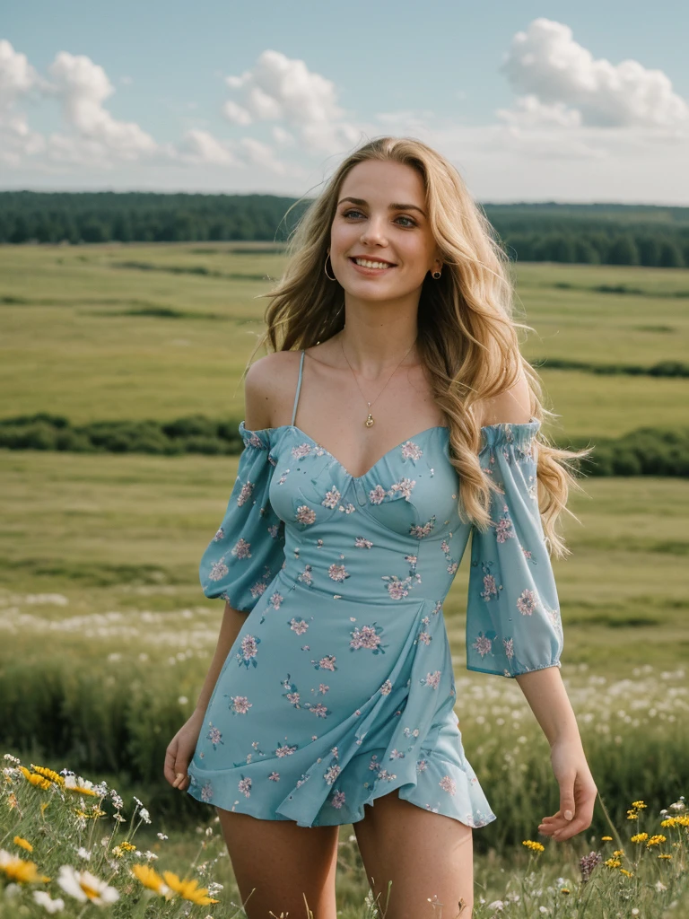 solo, photorealistic, wide shot, best quality, hyper detailed, 25 years old Circasssian woman, mature-looking face, boobies, high detailed deep wrinkles, beauty mark, intricate, (((long wavy blonde hair))), Circassian facial features, (((In the midst of a vast meadow, she stood seductively, her gaze fixed on the distant figure descending gracefully from the sky. The expanse around her was a sea of wildflowers, their vibrant colors swaying gently in the breeze. The sky above was a clear canvas of blue, interrupted only by wisps of fluffy clouds. As she watched, the skydiver descended with practiced ease, a tiny speck against the boundless heavens. The rush of wind carried the faint sound of their descent, punctuating the serene quiet of the meadow. Her heart swelled with admiration for the courage and freedom encapsulated in that solitary figure))), (((she is wearing a color pastel blue floral print asymmetrical trim puff sleeve mini dress))), (((dynamic pose))), she is looking at the camera smiling, (((dynamic pose)))