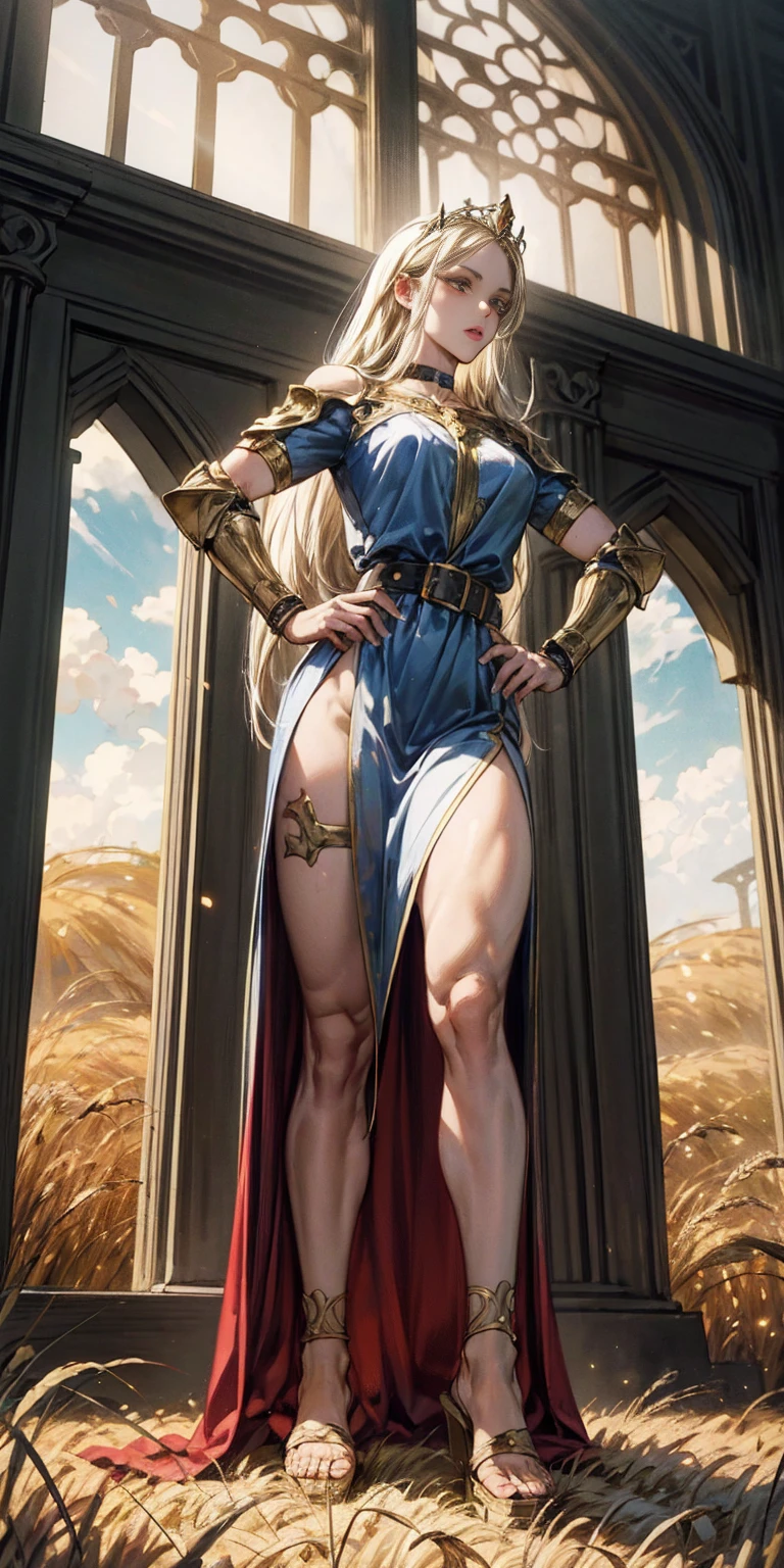 full body whole body 1sologirl, stunning painting of a knight with blonde hair, wheat field, epic clouds ((painterly)) ((impressionist)) vibrant, soft edges (((warm glow))) hands on hips, metal sandals, leather choker with golden bell, big belt, view from below, feet together, bracers, tiara