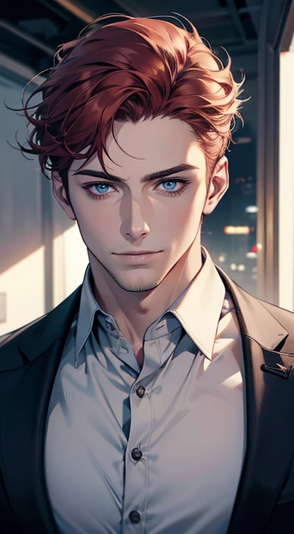 (best quality,4k,8k,highres,masterpiece:1.2),ultra-detailed,(realistic,photorealistic,photo-realistic:1.37),1 man,31 years old,mature man,very handsome,without expression,smile,short grey red hair,blue eyes,penetrating gaze,perfect face without errors,imposing posture,businessman,office background,cinematic lighting,hdr image