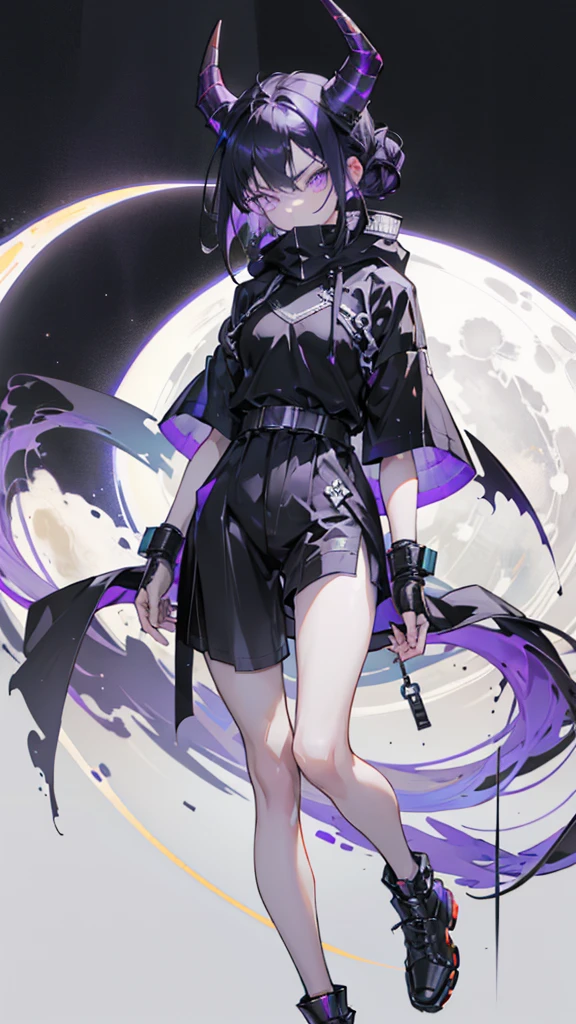 boy. thoughtful look. open forehead. black and purple hair tied in a bun on the left side to one side. sinuous black horns wrapped in dark purple ribbon. pale violet eyes. in short dark purple shorts. long white T-shirt. dark purple knee-high socks. dark purple long cloak with hood. view from the 100th floor of a cozy room in shades of gray, moon, starry sky