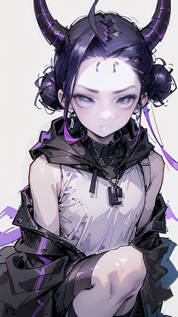 boy. thoughtful look. open forehead. black and purple hair tied in a bun on the left side to one side. sinuous black horns wrapped in dark purple ribbon. pale violet eyes. in short dark purple shorts. long white T-shirt. dark purple knee-high socks. dark purple long cloak with hood. view from the 100th floor of a cozy room in shades of gray, moon, starry sky