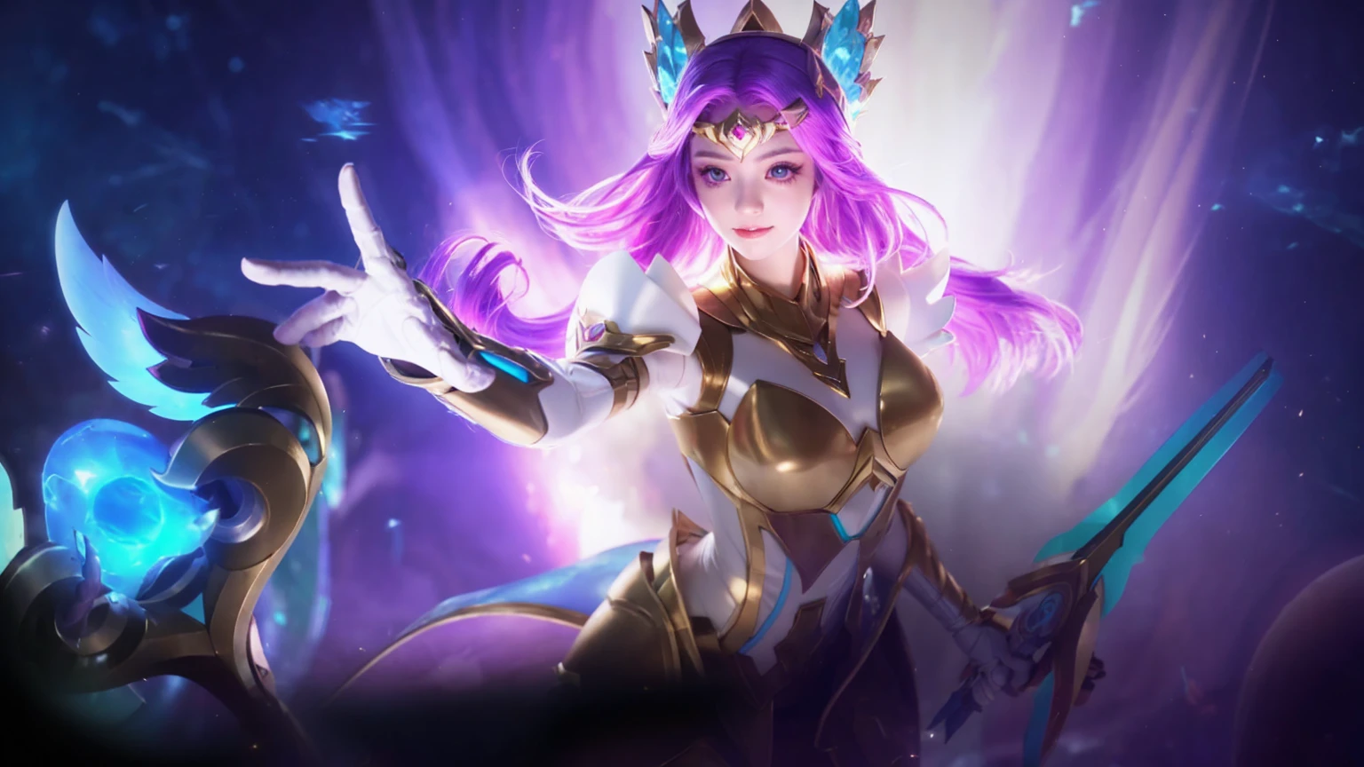 Generate to human, girl 19y.o, Generate to cosplayer odette on mobile legend, Virgo skin, purple hair, white dress, gold armor on body, generate to real picture, ultra detail, 8k resolution